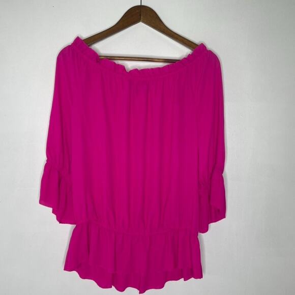 Ralph Lauren M Fuchsia Off Shoulder Blouse Top Ruffle Hem Romantic Boho - Picture 3 of 6